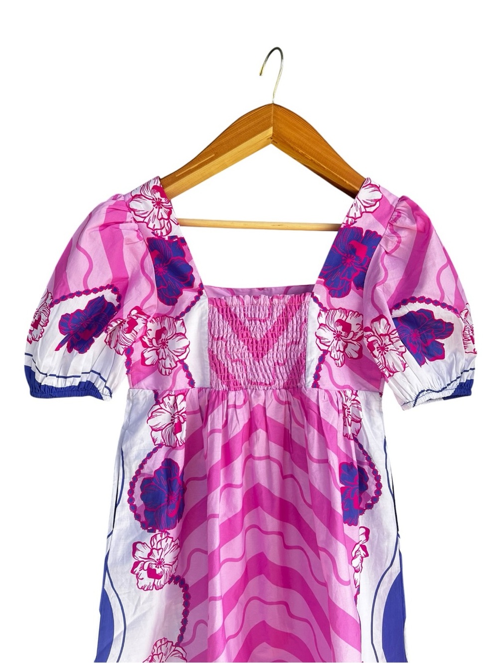 Celina Moon Pink Chevron Floral Border Mini Dress Puff Sleeve Square Neck S NWT - Picture 6 of 12